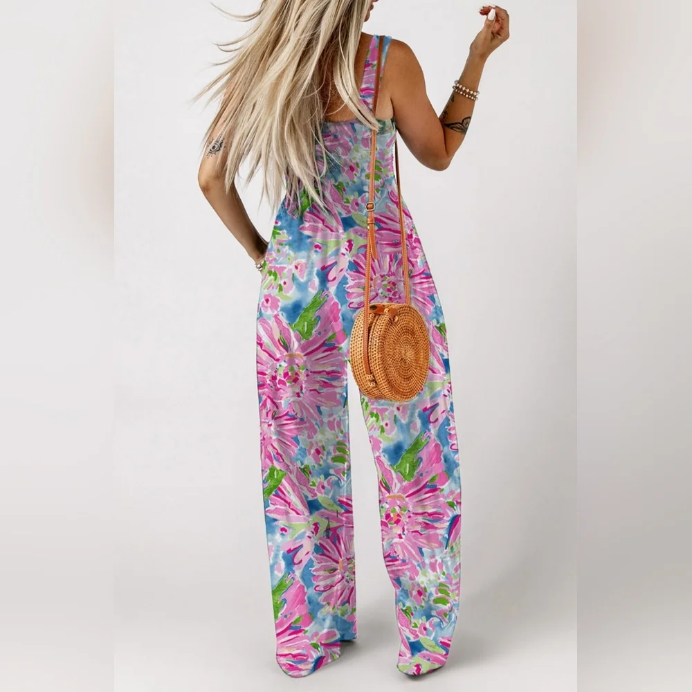 Palm Beach Floral Smock Sleeveless Wide Leg One Piece Pocket Pant Jumpsuit Pink - Picture 11 of 12